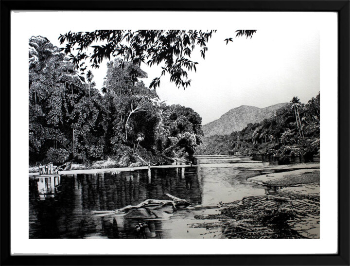 Peinture intitulée "Along the River" par Gamini Abeykoon, Œuvre d'art originale, Encre