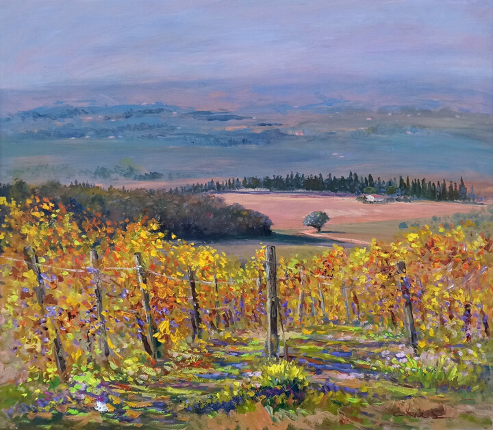 Pintura intitulada "Vineyard in Chianti…" por Biagio Chiesi, Obras de arte originais, Óleo Montado em Painel de madeira
