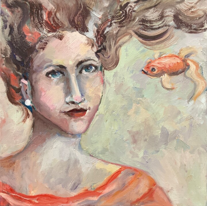 A Portrait of Mystery - woman face, portrait, koi fish 绘画, 16x16 in