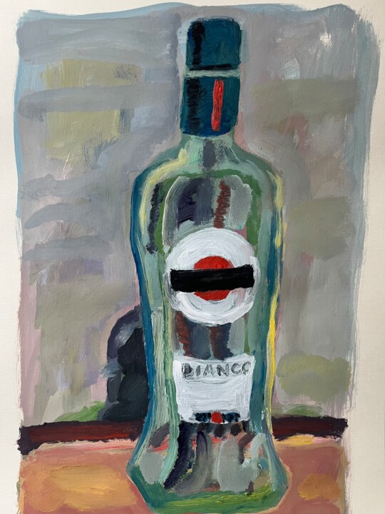 Still life with a bottle martini Painting, 16.5x11.7 in