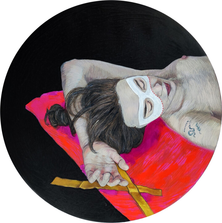 White mask, red line 绘画, 23.6x23.6 in