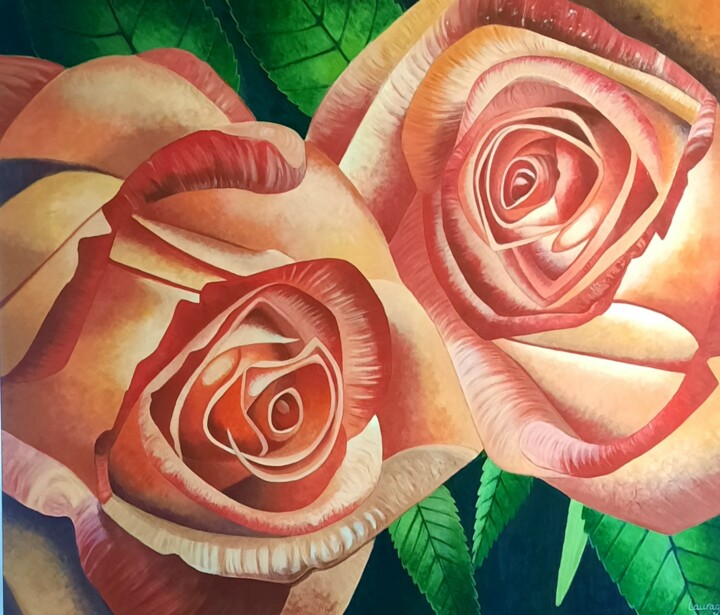 Painting titled "Blossom Roses" by Lauragreenart, Original Artwork, Acrylic Mounted on Wood Stretcher frame