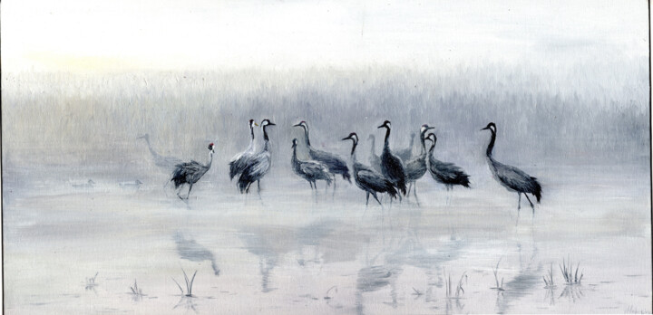 herons at sunrise 绘画, 11.8x23.6 in