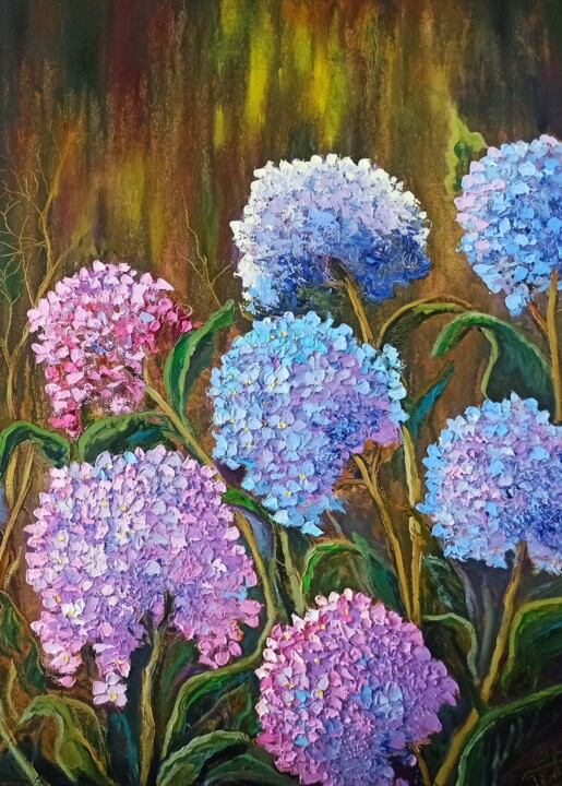 Malerei mit dem Titel "Hydrangeas" von Inna Bebrisa, Original-Kunstwerk, Öl
