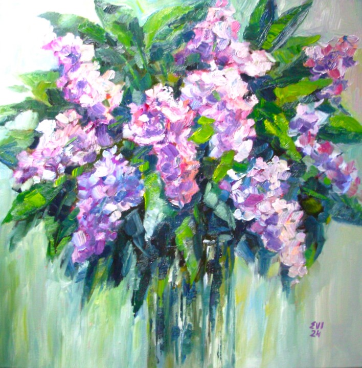 Lilac in vase Interior art Original oil painting Canvas20x20 绘画, 19.9x19.9 in