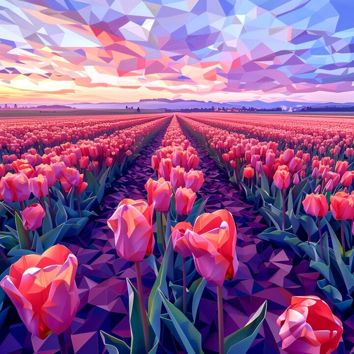 SUNSET ON A SCARLET TULIP FIELD Digital Arts, 31.5x31.5 in