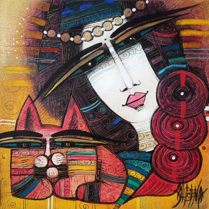 Peinture intitulée "Mon ami le chat" par Albena Vatcheva, Œuvre d'art originale, Huile Monté sur Châssis en bois