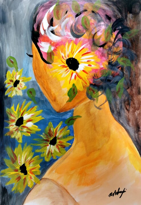 Naked and Sunflowers 绘画, 16.5x11.8 in