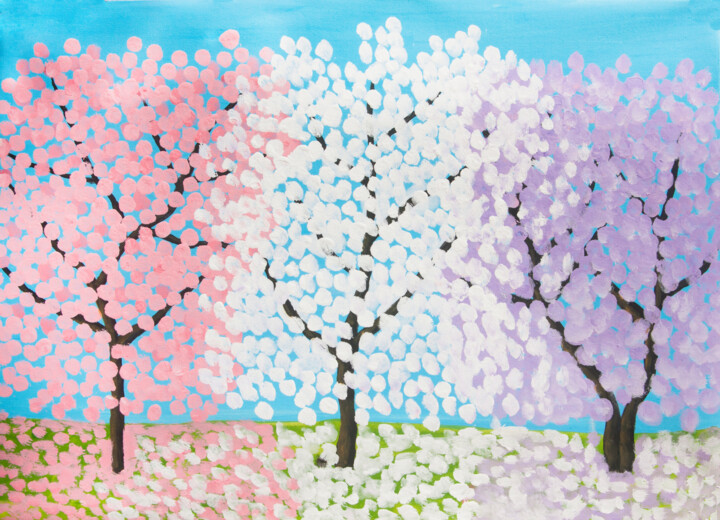 Three spring trees pink, white and purple Painting, 19.7x27.6 in