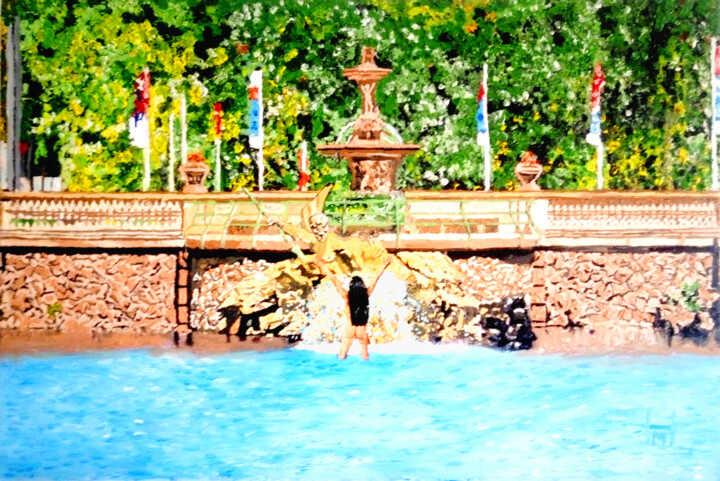 "Tritonenbrunnen Düsseldorf - meine Perspektive" 绘画, 15.8x23.6 in