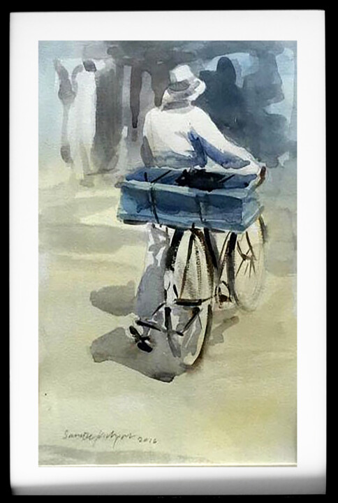 Schilderij getiteld "Bicycle Box" door Sameera Kalupahana, Origineel Kunstwerk, Aquarel Gemonteerd op Glas