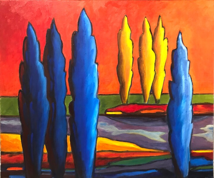 26- peupliers bleus et jaunes Painting, 19.7x25.6 in