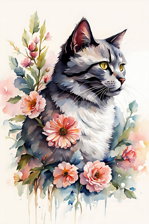 数字艺术 标题为“A cat in flowers #2” 由Anna Russo, 原创艺术品, 数字打印