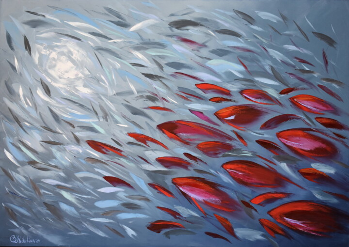 School of Red Fish Painting Impasto Palette Knife Art 미술작품, 23.6x33.5 in