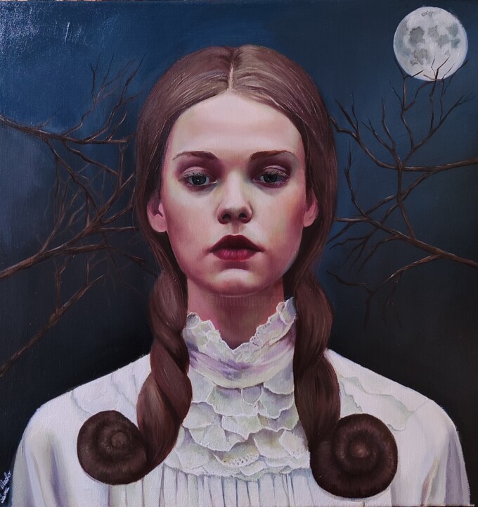 Painting titled "Dillo alla luna" by Laura Muolo, Original Artwork, Oil Mounted on Wood Stretcher frame
