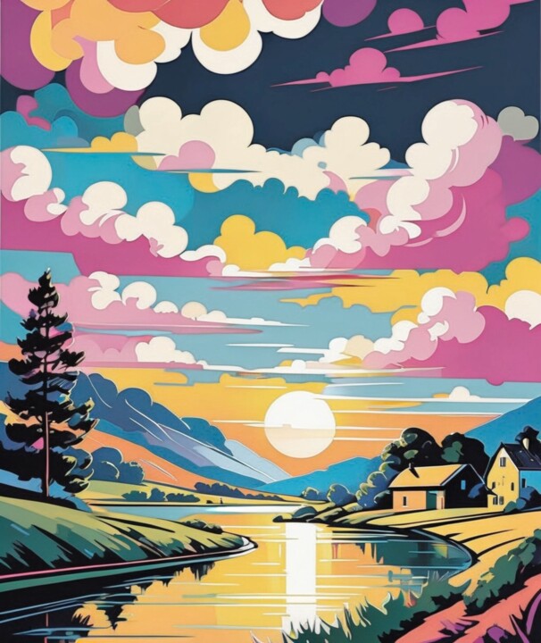 Golden Horizon: A Majestic Sunset over the Mountain Peaks 绘画, 43x36 in
