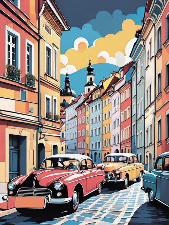 Nostalgic Charm: Vintage Cars in the Urban Jungle 绘画, 48x36 in