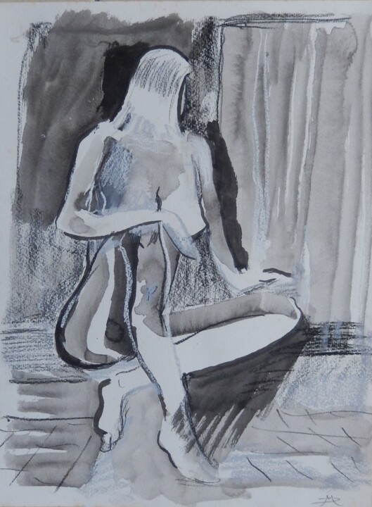 Dessin intitulée "Blonde à la vitrine" par Daniel Mangin, Œuvre d'art originale, Encre