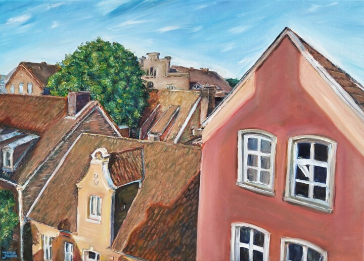 Roofs in Leer, Germany, cityscape Painting, 19.7x27.6 in