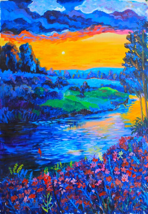 Painting titled "Sunset view" by Sanaullah, Original Artwork, Acrylic