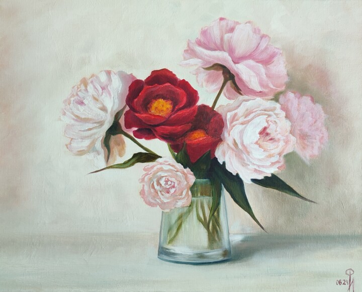 Pittura intitolato "LES PIVOINES" da Irina Furaseva, Opera d'arte originale, Olio Montato su Telaio per barella in legno