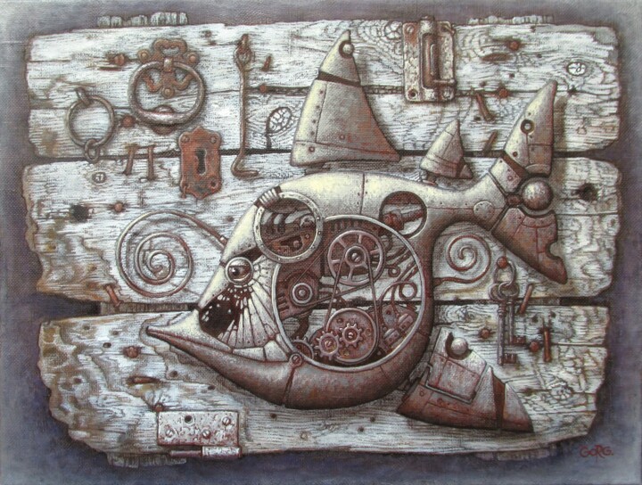 The door and a steampunk fish. 绘画, 11.8x15.8 in