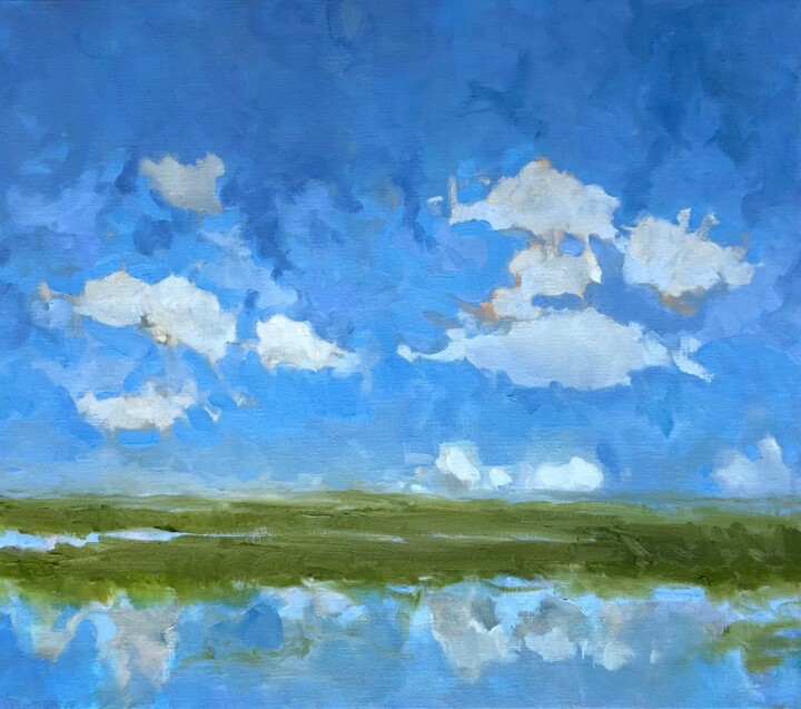 Schilderij getiteld "Summer wetlands" door Stella Burggraaf, Origineel Kunstwerk, Olie Gemonteerd op Frame voor houten branc…