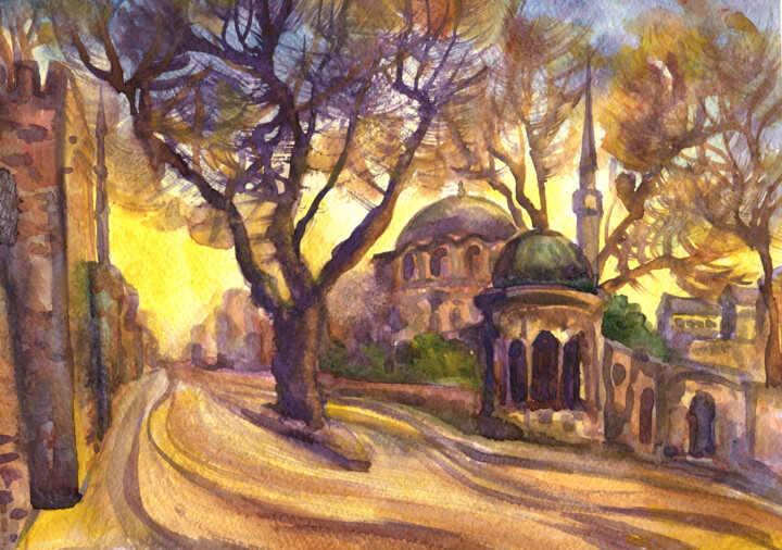 Street in the Eastern city. Istanbul. Watercolor painting Tablo, 8x12 in