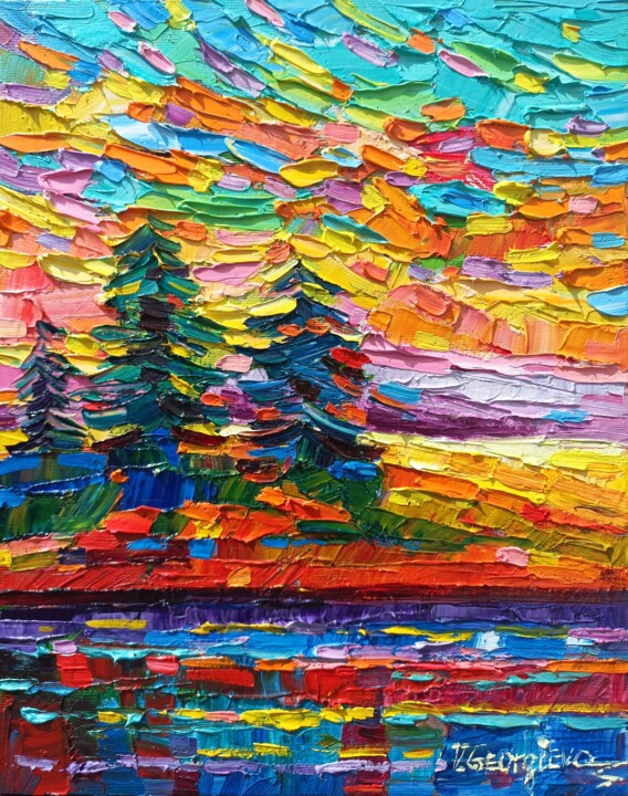 Sunrise on the lake 2 绘画, 11.8x9.5 in