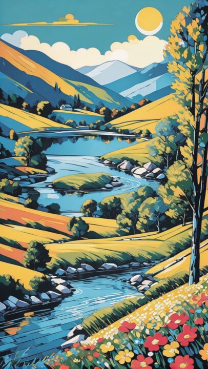 Serene Flow: A River in the Majestic Mountains Tablo, 76x43 in
