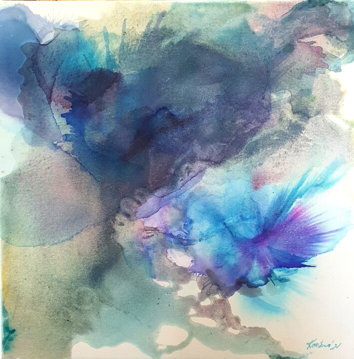 BLUE Kupfer Blumen abstrakt 绘画, 23.6x23.6 in