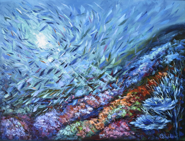 Coral Reef Painting Ocean Art Underwater Seascape Original P 绘画, 29.5x39.4 in