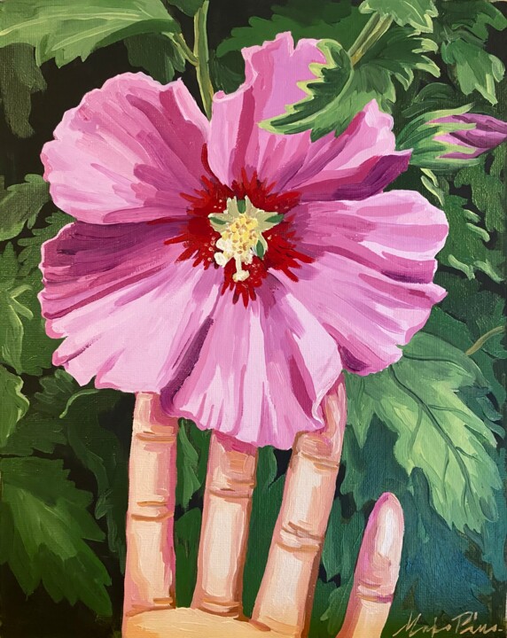 Painting titled "THE HIBISCUS AND YO…" by Majo Pino, Original Artwork, Oil Mounted on Cardboard