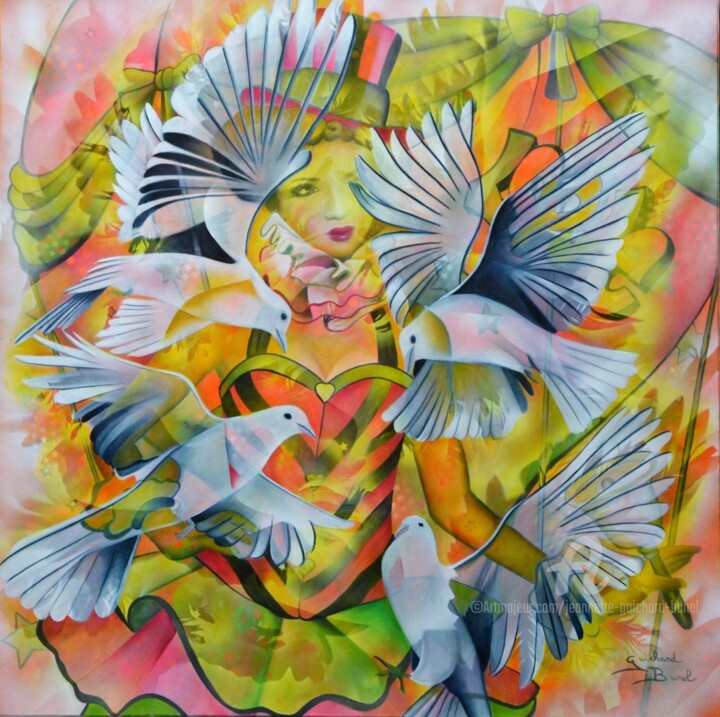 Peinture intitulée "Les oiseaux de Vénus" par Jeannette Guichard-Bunel, Œuvre d'art originale, Huile