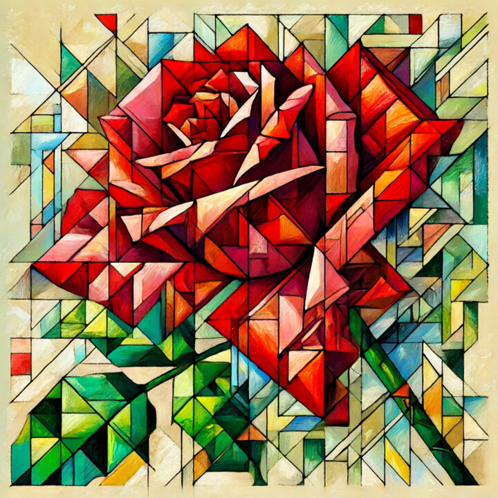 Geometric Cubist Rose: A Fusion of Nature and Abstraction 数字艺术