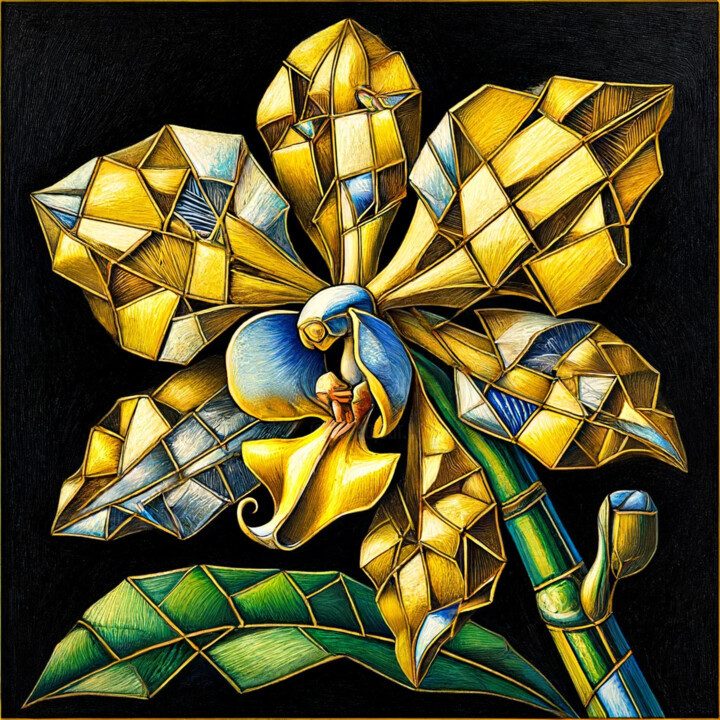 Geometric Cubist Yellow Orchid: A Blend of Elegance and Abst 数字艺术
