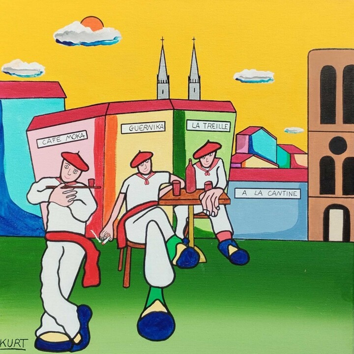 Tableau naif Bayonne et la place St André 绘画, 15.8x15.8 in