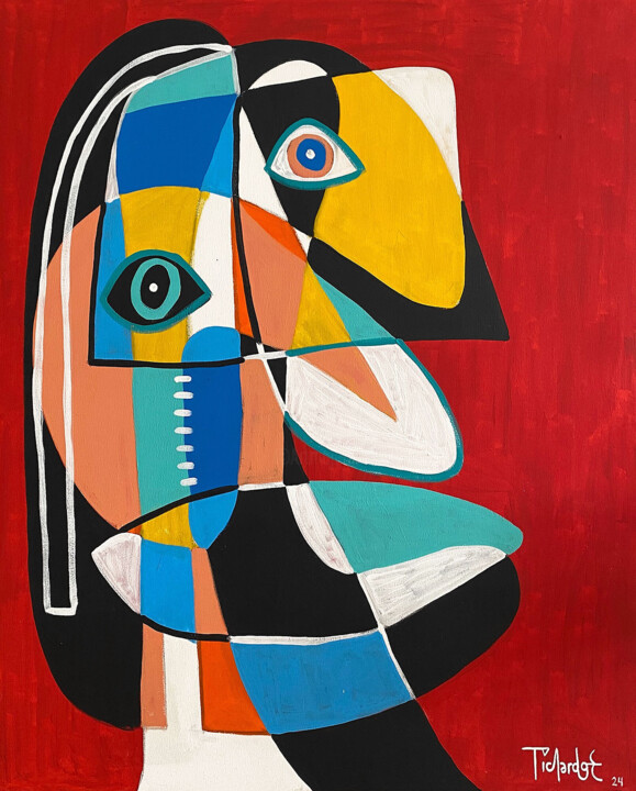 Malerei mit dem Titel "Retrato fondo rojo" von Enrique Pichardo, Original-Kunstwerk, Acryl