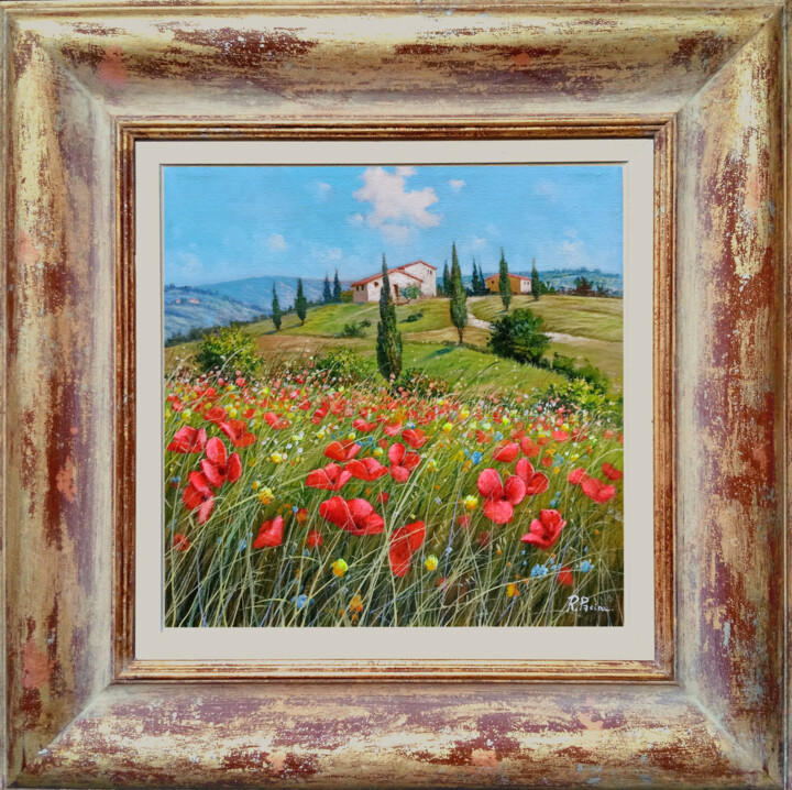 Pintura titulada "Sweet hill with flo…" por Raimondo Pacini, Obra de arte original, Oleo Montado en Bastidor de camilla de m…