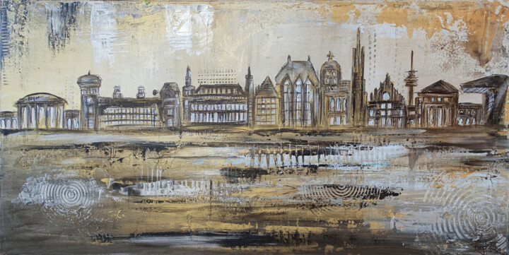 Aachen Skyline abstrakt Panorama Kunst Bild 미술작품, 19.7x39.4 in