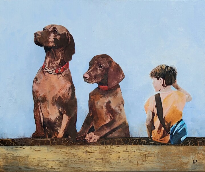 Painting titled "The boy and his dogs" by Hanneke Pereboom, Original Artwork, Acrylic