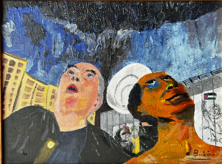 Autoportrait inquiétude à Gaza 绘画, 14.2x17.7 in