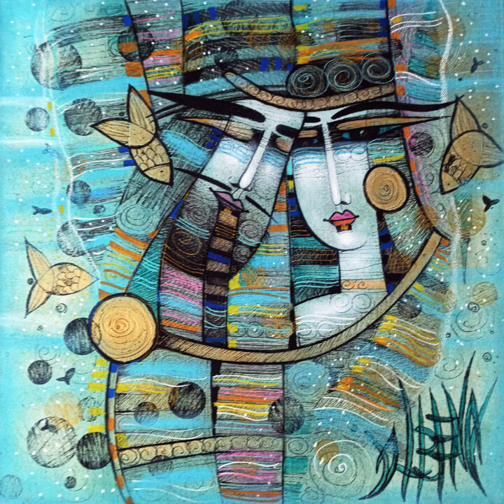 Peinture intitulée "Bateau d'amour 40x40" par Albena Vatcheva, Œuvre d'art originale, Huile Monté sur Châssis en bois