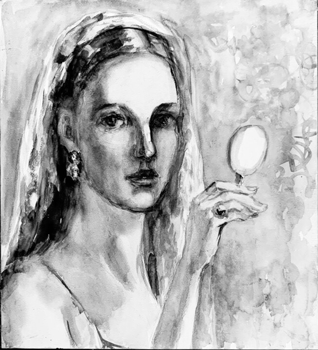 Painting titled "Свет мой зеркальце…" by Ludmila Cerednicenko, Original Artwork, Watercolor