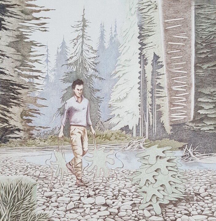 Mann, Wald, Formen 绘画, 15.7x15.1 in
