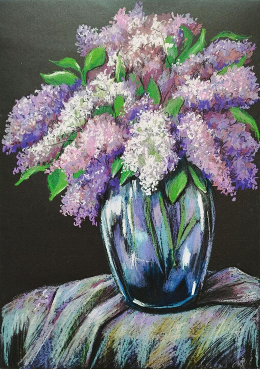 Bouquet of lilacs drawing flowers art painting oil pastel Tekening, 16,5x11,7 in