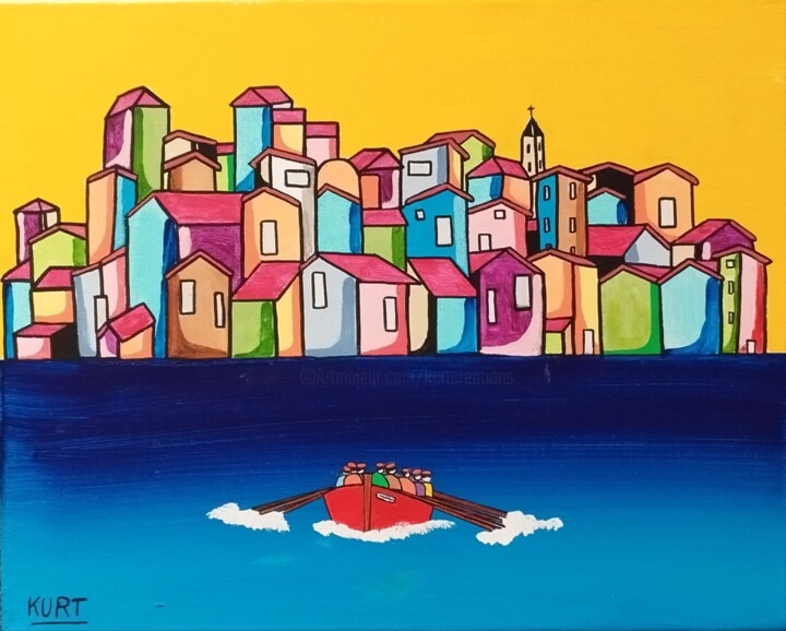 Tableau naif acrylique retour de la trainière 绘画, 15.8x11.8 in