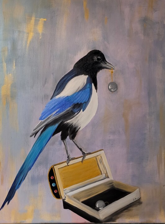 Painting titled "Magpie with a Pearl…" by Natia Kanelis, Original Artwork, Oil