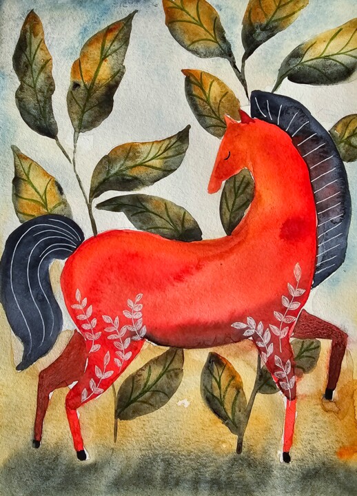 Cavallo Rosso Painting, 11.7x8.3 in