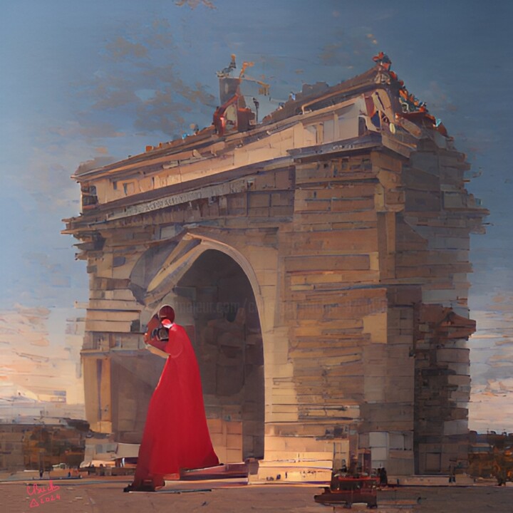 LA DAME EN ROUGE À L'ARC DE TRIOMPHE Schilderij, 33,5x33,5 in